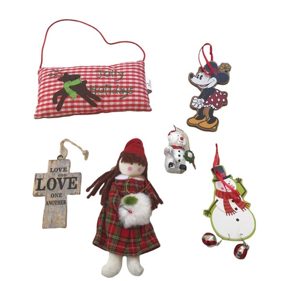 Christmas Ornaments Holidays Plaid Snowman Cross Snowman Minnie Mouse Lot of Six - Picture 1 of 9